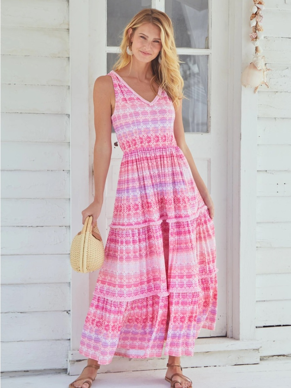 Cabana Life Pink Patterned V-Neck Tiered Maxi Dress